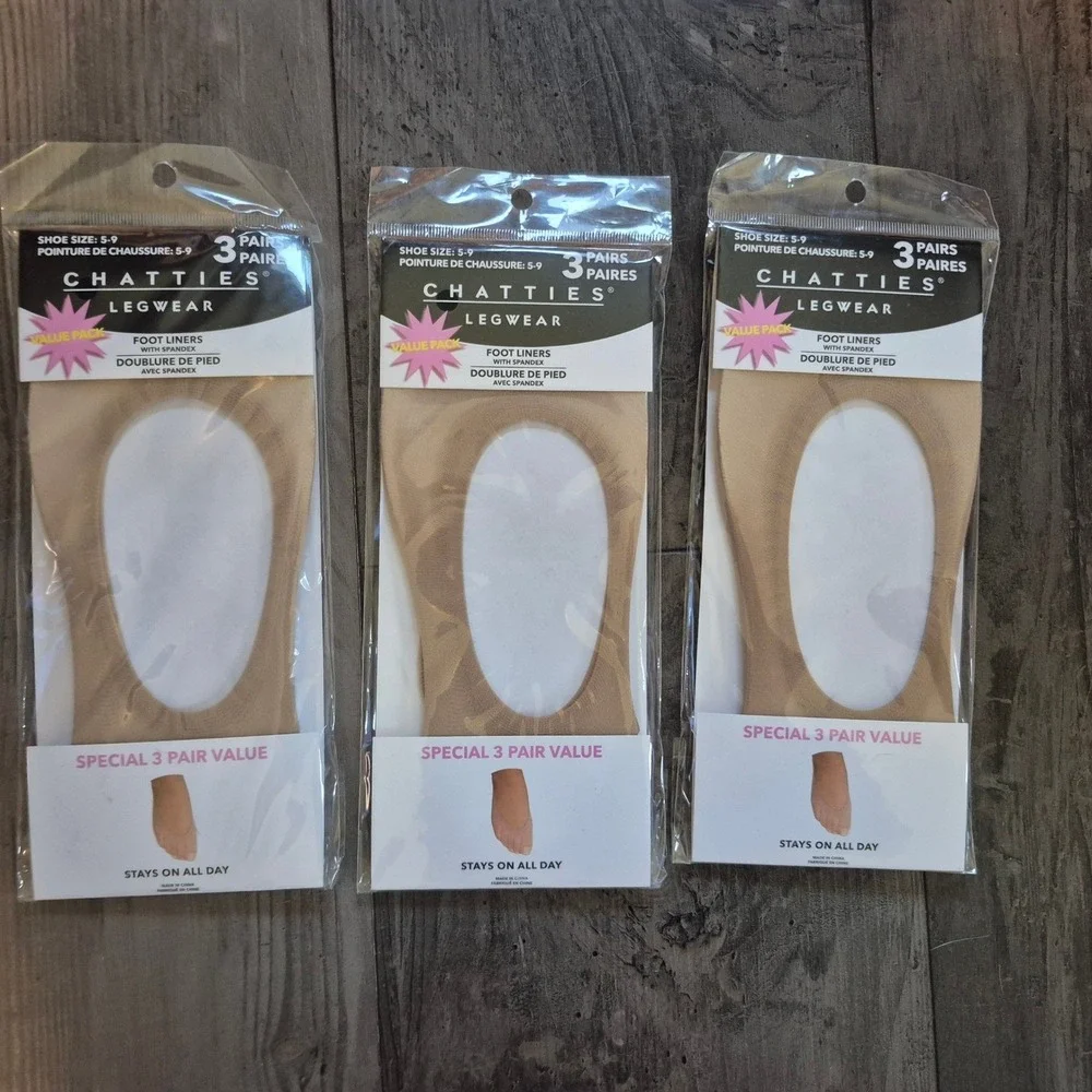 Chatties Legwear 9 Pairs Nude Foot Liners No Show Socks Shoe Size 5-9 3-Pack Lot